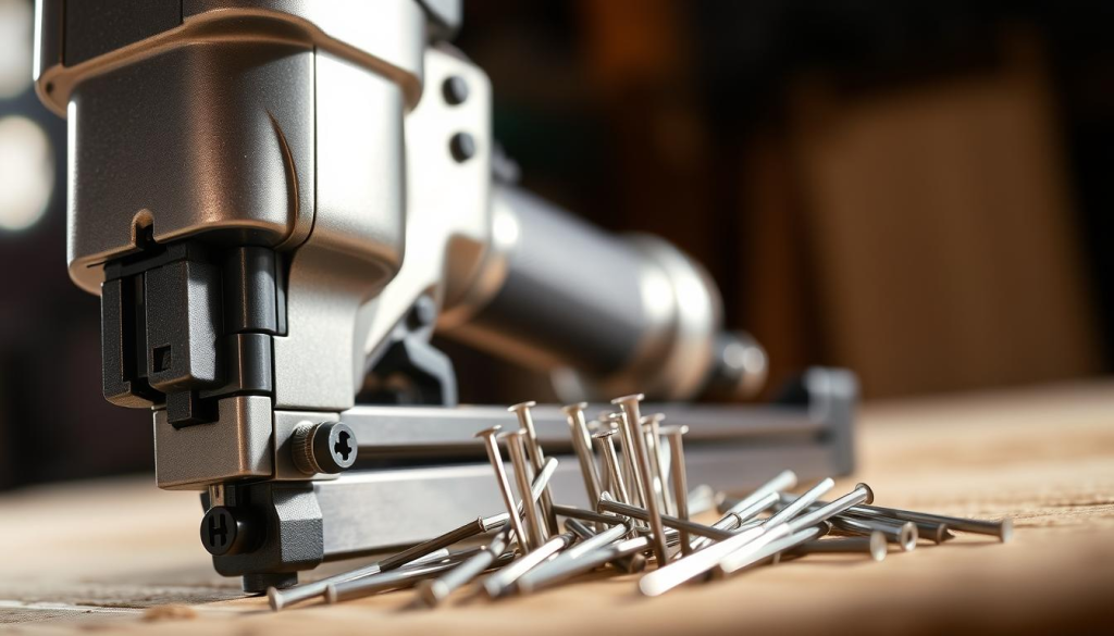 A precision nail gun, its metallic body gleaming under bright studio lighting. The foreground features the nail gun's intricate mechanisms, with a clearly visible trigger and adjustable depth control. In the middle ground, a selection of nails in varying lengths and gauges, showcasing the versatility of this tool. The background subtly blurs, emphasizing the focus on the nail gun's craftsmanship and functionality. The overall scene conveys a sense of precision, power, and the attention to detail that a professional-grade 16 gauge nail gun can provide.