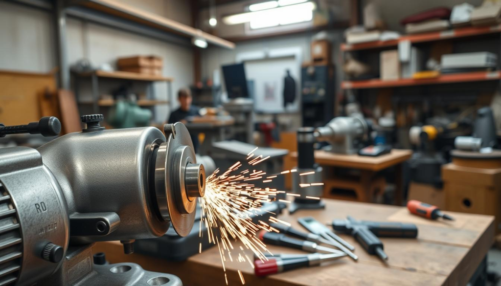 A precision tool grinder in a well-lit industrial workshop. The grinder's metal body gleams under soft, diffused overhead lighting, its variable speed controls and ergonomic grip clearly visible. In the foreground, a metal workpiece is being expertly guided against the spinning grinding wheel, producing a cascade of bright sparks. In the middle ground, various hand tools and measuring devices are neatly arranged on a sturdy wooden workbench. The background shows the organized chaos of a professional metalworking space, with shelves of materials, machinery, and safety equipment. The overall atmosphere conveys the focus, skill, and attention to detail required for high-precision grinding tasks.