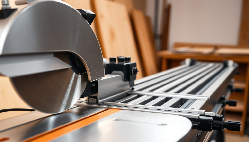 A precision track saw kit, meticulously crafted with attention to detail. In the foreground, the gleaming silver body of the saw, its blade poised and ready to slice through wood with surgical precision. In the middle ground, the accompanying track system, a sturdy aluminum rail that ensures straight, clean cuts every time. The background subtly fades, allowing the tools to take center stage, illuminated by warm, natural lighting that casts subtle shadows, lending depth and dimension to the scene. The overall atmosphere conveys a sense of professional-grade craftsmanship, perfect for the skilled woodworker tackling intricate projects with the utmost care and control.