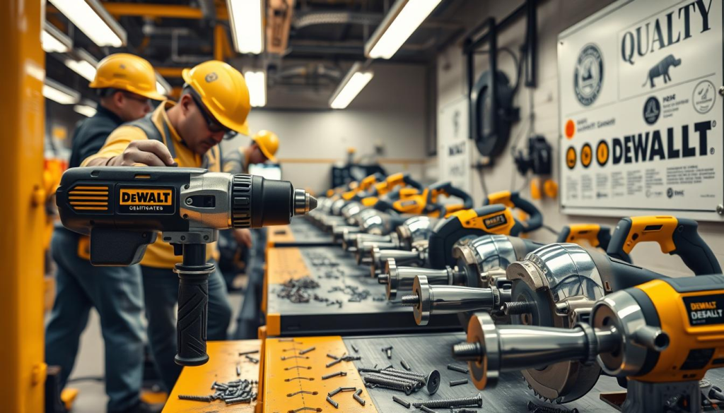 A pristine DEWALT workshop filled with meticulously arranged power tools, screws, and other hardware. The foreground showcases a DEWALT drill undergoing rigorous quality control testing, with technicians in safety gear carefully inspecting every component. The middle ground features a line of polished DEWALT saws and grinders, their chrome surfaces gleaming under the warm, focused lighting. In the background, a wall-mounted display showcases DEWALT's quality certifications and manufacturing process, radiating a sense of precision and reliability. The overall atmosphere conveys DEWALT's commitment to excellence, where attention to detail and stringent quality standards are paramount.