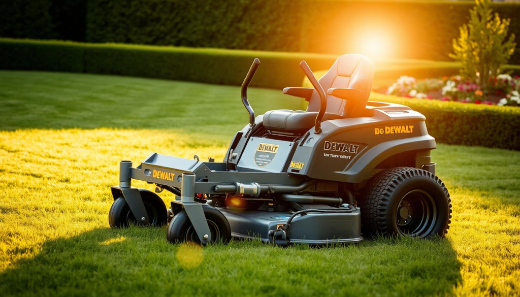 A pristine DEWALT zero turn lawn mower resting on a lush, well-manicured lawn, the sun's golden rays illuminating its sleek, metallic frame. In the foreground, the mower's safety features are prominently displayed, including a sturdy rollover protection system, a comfortable high-back seat with adjustable armrests, and a user-friendly control panel with intuitive safety switches. The mower's powerful engine and durable construction are evident, conveying a sense of reliability and safety. The background showcases a serene, suburban setting, with neatly trimmed hedges and a picturesque garden, creating an atmosphere of tranquility and attention to detail.
