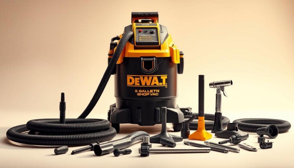 A pristine DeWalt 5 Gallon Shop Vac, its yellow and black exterior gleaming under warm, directional lighting. In the foreground, an array of meticulously detailed accessories - hoses, nozzles, and specialized cleaning tools - are artfully arranged, showcasing their utility and compatibility. The middle ground features the sturdy, durable construction of the shop vac itself, its rugged design and powerful suction capabilities evident. The background subtly fades into a clean, minimalist environment, allowing the subject to take center stage and command attention. The overall mood is one of professionalism, reliability, and a dedication to workshop organization and efficiency.