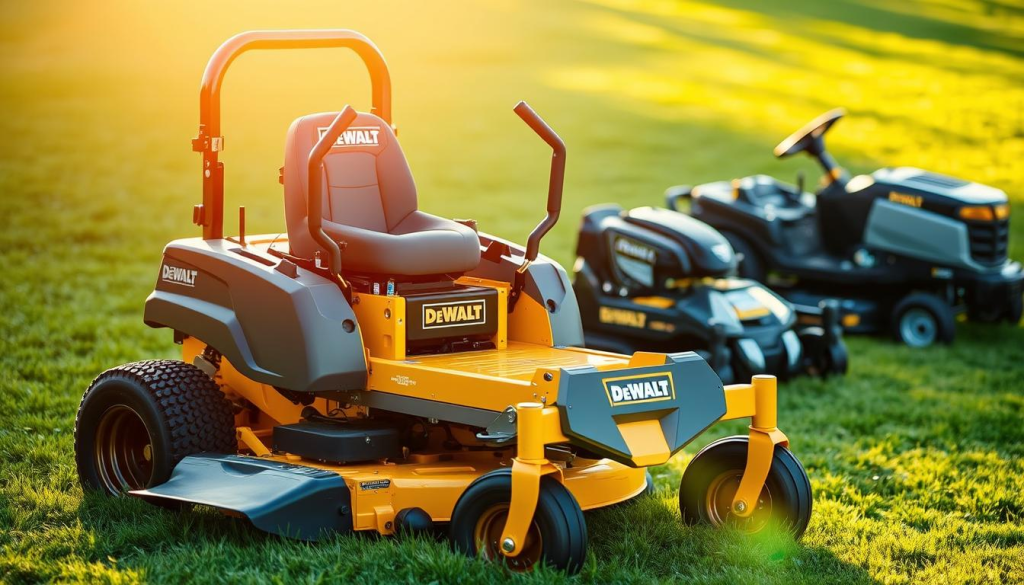 A pristine DeWalt zero turn mower stands in a lush, manicured lawn, the sun's rays casting warm, golden light across its sleek, metallic frame. In the foreground, the mower's powerful engine and precision-engineered controls are showcased in intricate detail, inviting the viewer to imagine its effortless maneuvering. The middle ground features two other mowers, their distinct designs and features highlighted, allowing for a direct comparison of the DeWalt's capabilities. The background is softly blurred, emphasizing the mowers as the central focus, while conveying a sense of tranquility and professionalism suitable for an informative article. The overall composition and lighting create a visually appealing and informative image, perfectly suited to illustrate the "Comparison with Other Mowers" section.
