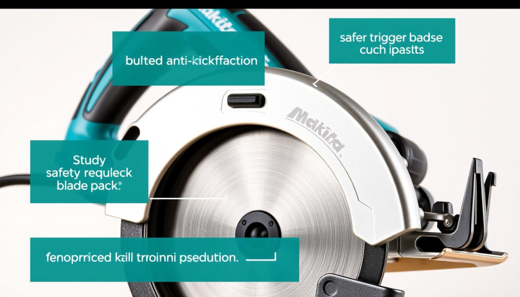 A pristine Makita 5007MG circular saw, its safety features prominently displayed against a clean, well-lit backdrop. The saw's blade guard and built-in anti-kickback pawl are clearly visible, showcasing the advanced safety mechanisms that protect the user during operation. The handle's soft grip and trigger switch are highlighted, emphasizing the ergonomic design that enables precise control and enhanced safety. The saw's sturdy aluminum base and powerful motor are subtly present, hinting at the cutting performance that complements its safety features. The overall composition creates a sense of confidence and reassurance, inviting the viewer to appreciate the thoughtful engineering that went into this power tool.