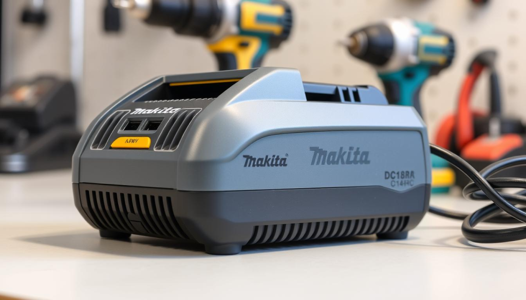 A pristine Makita DC18RC cordless charger sits on a clean, well-lit workbench. The charger's sleek gray housing and yellow trim are meticulously maintained, with no visible signs of wear or damage. The charger's vents and cooling fins are free of dust and debris, ensuring optimal airflow and efficient operation. The charging port and contacts are spotless, ready to safely and rapidly charge Makita battery packs. In the background, a set of Makita power tools hints at the charger's regular use in a professional workshop setting, conveying a sense of reliable performance and durability.