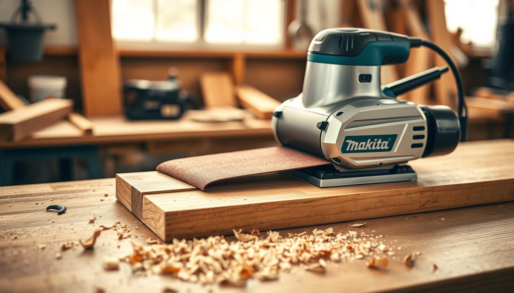 A pristine Makita belt sander rests on a smooth wooden workbench, its metallic body gleaming under the warm, diffused lighting. The sanding belt rotates with precision, revealing the intricate texture of the sanded surface. In the foreground, intricate wood shavings are scattered, hinting at the sander's powerful yet delicate performance. The background features a softly blurred workshop, conveying a sense of focus and craftsmanship. The entire scene exudes a professional, industrial aesthetic that captures the essence of the Makita belt sander's capabilities for detailed, high-quality sanding.