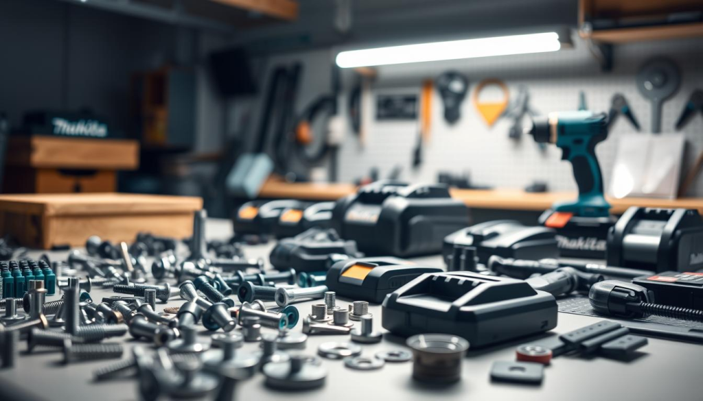 A pristine collection of genuine Makita power tool parts, meticulously arranged on a clean, well-lit workbench. Crisp lighting from above casts subtle shadows, highlighting the sleek, high-quality construction of the components. The foreground features an array of screws, washers, and small accessories, while the middle ground showcases Makita-branded batteries, blades, and attachments. The background subtly blurs, drawing the viewer's attention to the high-fidelity details of the parts. The overall scene conveys a sense of precision, professionalism, and the reliability associated with authentic Makita products.