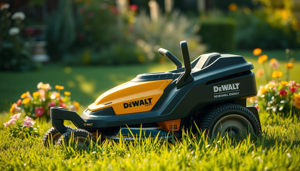 A pristine, eco-friendly DeWalt zero turn push mower rests on a lush, verdant lawn, bathed in soft, natural light. The mower's sleek, modern design features prominent DeWalt branding and a battery pack, showcasing its renewable energy capabilities. Surrounding the mower are flourishing flowers and plants, hinting at its gentle environmental impact. The foreground is sharply focused, while the background gently blurs into a dreamlike, bucolic scene, evoking a sense of harmony between the machine and nature. The entire composition radiates a sense of sustainability, efficiency, and the mower's ability to maintain a healthy, vibrant lawn without harming the ecosystem.