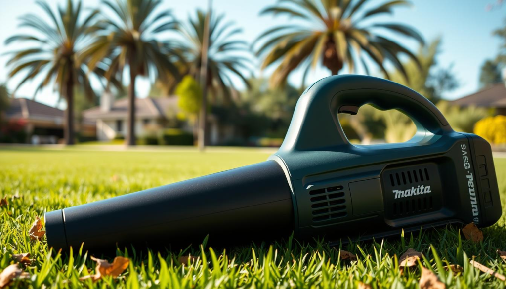 A pristine, eco-friendly Makita 36V cordless leaf blower rests on a lush, verdant lawn, its sleek, matte-black body gleaming under soft, diffused natural light. The device's compact, ergonomic design is highlighted, its air intake vents and high-efficiency motor visible. In the middle ground, fallen leaves and twigs sway gently in a light breeze, hinting at the blower's impressive power. The background shows a serene suburban landscape, with tall, swaying trees and a clear, blue sky, conveying a sense of environmental harmony. The overall scene radiates a sense of efficiency, sustainability, and the seamless integration of modern technology with nature.