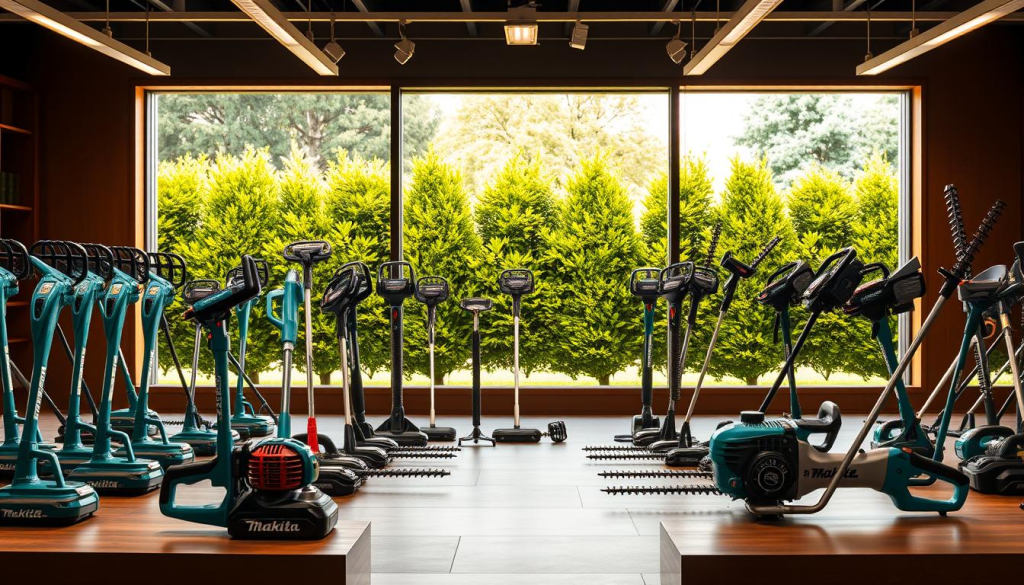 A pristine showroom display of various Makita hedge trimmer models, illuminated by warm, natural lighting. In the foreground, a selection of cordless, gas-powered, and electric trimmers stands out, each highlighted with a clean, minimalist aesthetic. The middle ground features detailed close-ups showcasing the ergonomic handles, precise blade configurations, and powerful motors that define the Makita lineup. In the background, a serene garden scene with neatly trimmed hedges provides context, suggesting the trimmers' intended use and high-performance capabilities. The overall composition conveys the quality, versatility, and reliable power of Makita's hedge trimmer collection.