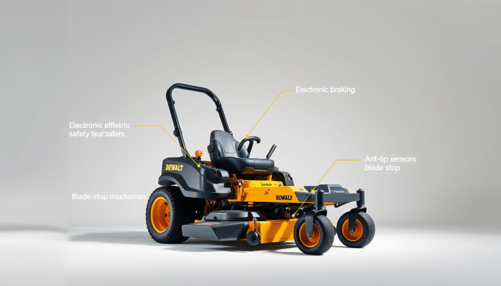 A pristine, well-lit studio shot of a DEWALT zero-turn electric mower, showcasing its key safety features. The mower is positioned in the center of the frame, allowing for a clear view of its sleek, modern design. The camera angle captures the mower at a slight upward tilt, highlighting its powerful yet compact presence. The background is a clean, neutral tone, allowing the mower to stand out. Subtle lighting from the side and above casts gentle shadows, accentuating the mower's contours and features. The prompt emphasizes the mower's advanced safety systems, such as its electronic braking, anti-tip sensors, and blade-stop mechanisms, all of which are clearly visible and easy to discern.