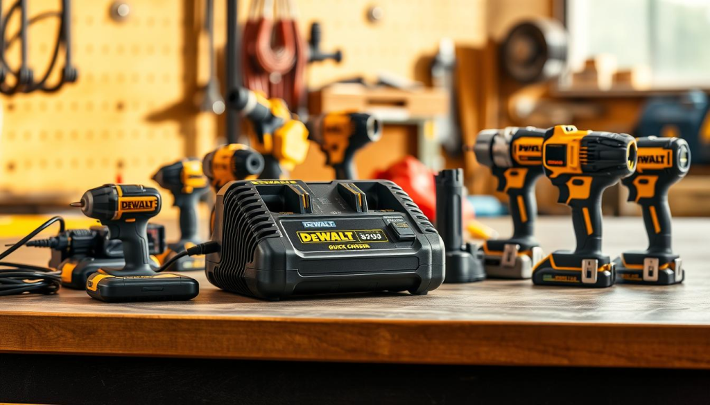 A professional and well-equipped workbench, illuminated by warm, natural lighting. Prominently displayed on the surface is a DEWALT quick charger, its sleek, sturdy design exuding efficiency and reliability. The charger is surrounded by an array of DEWALT power tools, their cordless batteries being rapidly replenished, showcasing the charger's impressive recharge capabilities. The scene conveys the benefits of using the DEWALT quick charger - the ability to get back to work quickly, with maximum productivity and minimal downtime.