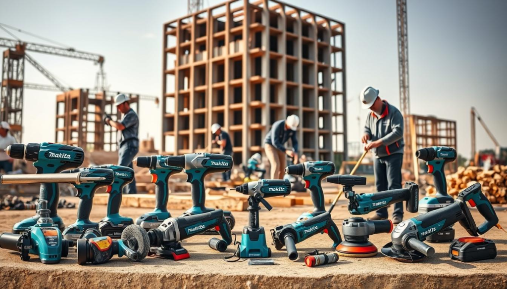 A professional construction site with a prominent display of Makita power tools in the foreground. The tools are meticulously arranged, showcasing a diverse range of products including drills, saws, grinders, and sanders. The middle ground features workers using the tools to build a structure, their skilled hands and focused expressions highlighting Makita's durability and performance. In the background, a partially constructed building stands tall, representing the power and precision of Makita tools in elevating workmanship. Warm, directional lighting casts dramatic shadows, lending an air of professionalism and expertise to the scene. The overall composition conveys the reliability and versatility of Makita power tools for construction professionals.