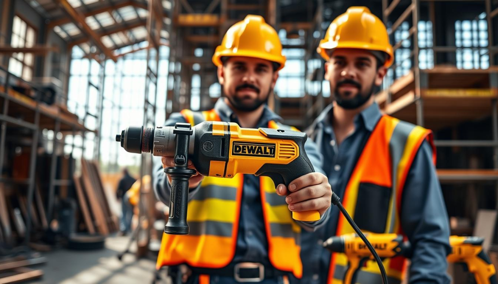 A professional construction worker, donning a hardhat and safety vest, stands amidst a bustling construction site. In the foreground, a gleaming DEWALT power tool, its iconic yellow and black casing catching the warm, natural light. The worker's hands expertly handle the tool, showcasing its precision and power. In the middle ground, other DEWALT tools are neatly arranged, conveying a sense of reliable, high-quality craftsmanship. The background is filled with the trappings of a thriving construction project - scaffolding, building materials, and the silhouettes of fellow workers, all united by their trust in the DEWALT brand. The overall mood is one of efficiency, capability, and the pride of a job well done.