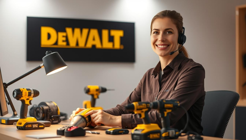A professional customer service representative sitting at a desk, surrounded by Dewalt power tools and accessories. The lighting is warm and inviting, with a soft glow from a desk lamp illuminating the scene. The representative is smiling, conveying a friendly and helpful demeanor, ready to assist a customer with their Dewalt product inquiries. The background features a clean, minimalist office setting, with a Dewalt logo prominently displayed on the wall, reinforcing the brand identity. The overall atmosphere is one of professionalism, efficiency, and a commitment to customer satisfaction.