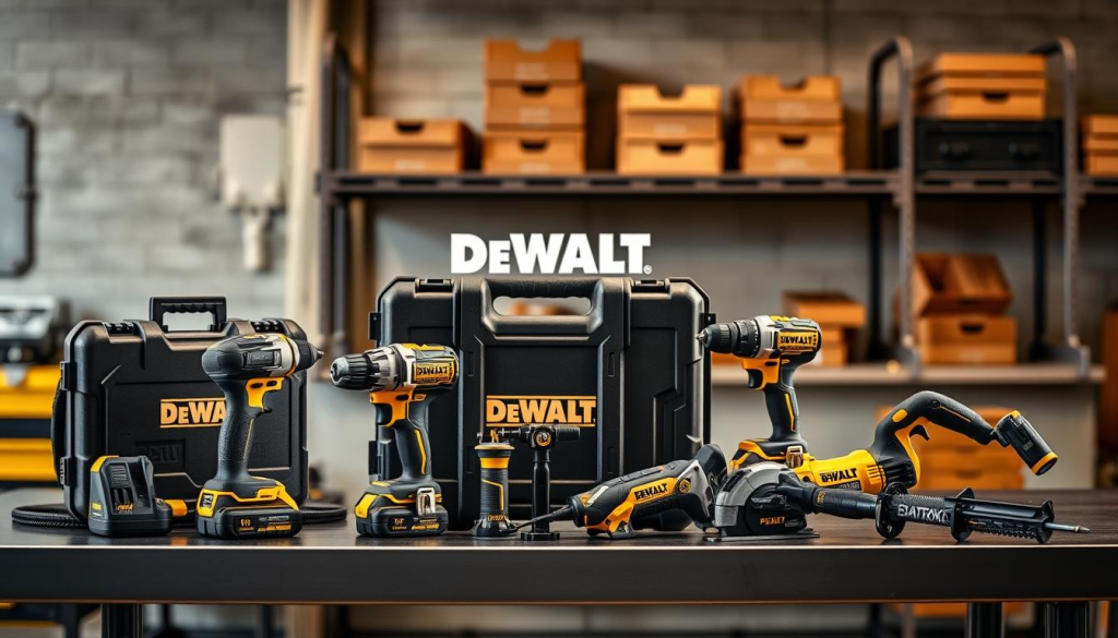 A professional-grade DEWALT power tool kit displayed on a sleek, industrial-style workbench. The kit includes a cordless drill, impact driver, reciprocating saw, and other essential tools, all neatly arranged with their cases open to showcase the high-quality craftsmanship. Warm, direct lighting illuminates the tools, casting subtle shadows and highlights the metallic finishes. The background features a blurred, modern workshop setting with concrete walls and steel shelving, creating a sense of a well-equipped, professional workspace. The overall composition conveys the durability, versatility, and reliability of the DEWALT brand, making it an attractive choice for contractors and tradespeople.