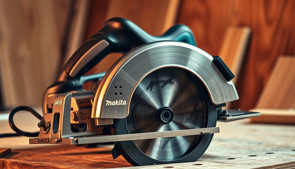 A professional-grade Makita circular saw resting on a workbench, illuminated by warm, directional lighting. The saw's sleek, brushed metal body gleams, showcasing its robust construction and precision engineering. In the foreground, the large, carbide-tipped blade stands ready, evoking the tool's power and reliability. The background features a subtle wood grain texture, hinting at the saw's versatility for various home improvement projects. The overall scene radiates a sense of quality, durability, and the confidence one would expect from a trusted Makita power tool.