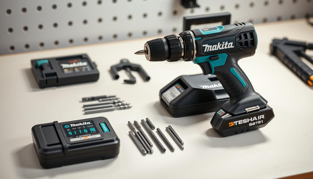 A professional-grade Makita impact driver kit laid out on a clean, well-lit workbench. The kit includes the powerful brushless motor impact driver, a set of precision drill bits, and a durable carrying case. The impact driver's sleek, matte-black body is adorned with the iconic Makita logo, conveying a sense of industrial quality and reliability. Soft, directional lighting illuminates the kit's components, highlighting the driver's robust metal casing and ergonomic grip. The overall scene evokes a sense of utility and practicality, befitting a versatile power tool designed for serious DIY and construction work.