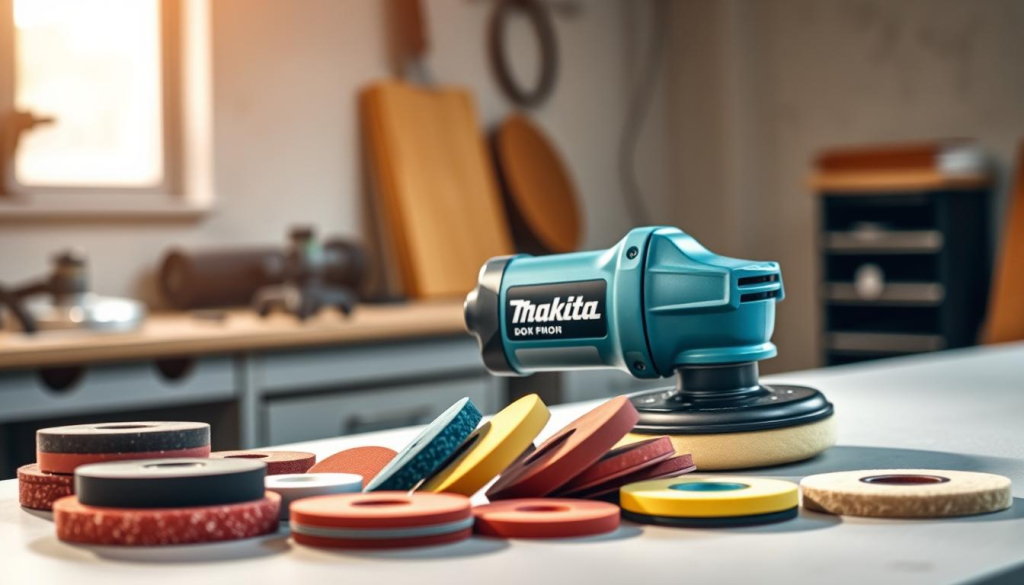 A professional-grade Makita polisher sitting on a clean, well-lit workbench. The polisher has a sleek, metallic blue body with ergonomic handles and control buttons. It is positioned at an angle, casting dynamic shadows that emphasize its robust, industrial design. In the middle ground, various polishing pads and accessories are neatly arranged, showcasing the versatility of the tool. The background is a softly blurred, neutral-toned workshop, suggesting a focused, task-oriented environment. The lighting is warm and diffused, creating a sense of quality craftsmanship and attention to detail. Overall, the image conveys the power, precision, and reliability of the Makita polisher, perfectly suited for delivering smooth, high-quality finishes.