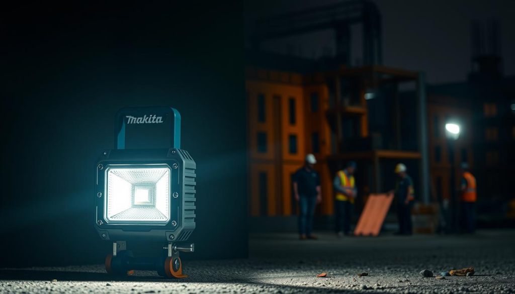 A professional-grade Makita portable LED light illuminating a dimly lit construction site. The light's sturdy, compact aluminum body is highlighted in the foreground, gleaming under warm, directional lighting that casts dramatic shadows. In the middle ground, construction workers move about, their faces and workspaces illuminated by the Makita's powerful, focused beam. The background features the silhouettes of partially constructed buildings, emphasizing the light's utility in challenging outdoor environments. The image conveys the Makita light's rugged, high-performance design made for the demands of job site work.