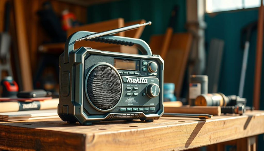 A professional-grade Makita radio with a sleek, durable design sits on a sturdy workbench, surrounded by construction tools and materials. The radio's front panel is prominently featured, showcasing its high-quality speaker and intuitive control knobs. Warm, natural lighting bathes the scene, highlighting the radio's metallic accents and creating a sense of rugged reliability. The background is slightly blurred, drawing the viewer's focus to the radio's impressive sound quality and performance capabilities, perfectly suited for the demanding environment of a job site.