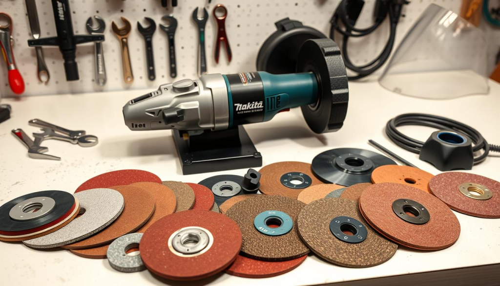 A professional-grade Makita variable speed grinder sits on a clean, well-lit workbench, surrounded by a carefully curated selection of essential accessories. In the foreground, a selection of abrasive discs, grinding wheels, and flap discs in various grits and materials are neatly displayed, showcasing the versatility of the tool. In the middle ground, a high-quality brushed metal dust extraction shroud and a sturdy clamp-on guard stand ready to ensure safe and efficient operation. In the background, a set of wrenches, a spare power cord, and a protective face shield complete the comprehensive accessory kit, creating a cohesive and organized workspace for precision grinding tasks.