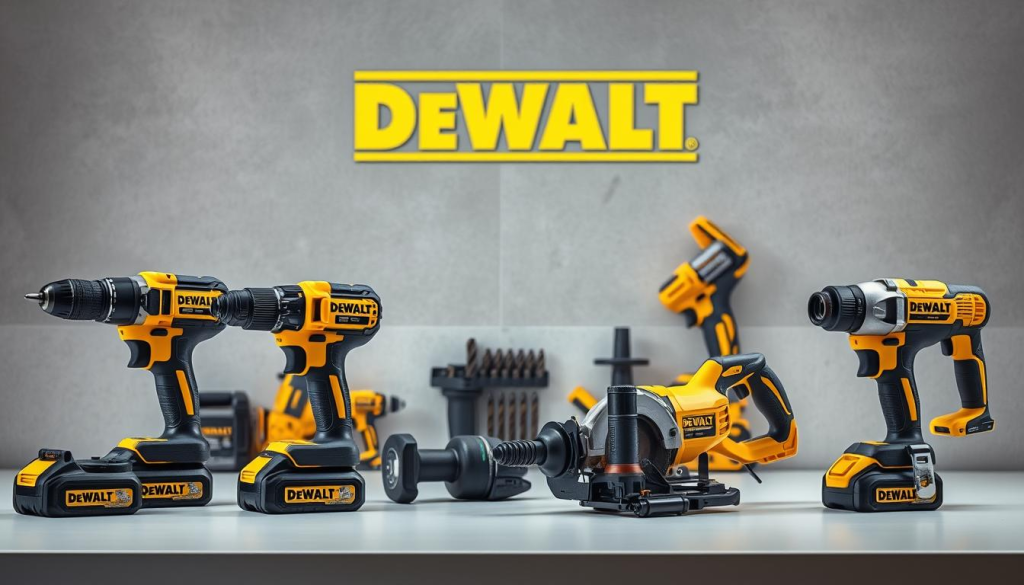 A professional-grade collection of DEWALT power tools, meticulously arranged on a clean, well-lit workbench. In the foreground, a cordless drill, an impact wrench, and a reciprocating saw stand ready for action, their sleek black and yellow casings gleaming under the soft, directional lighting. In the middle ground, a circular saw, a jigsaw, and an angle grinder sit alongside a set of drill bits and driver bits, hinting at the brand's comprehensive range of solutions for DIY and construction tasks. The background is dominated by the iconic DEWALT logo, prominently displayed against a subtle, textured backdrop, reinforcing the image's focus on the brand's identity and reputation for quality.