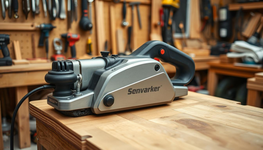 A professional-grade electric planer for woodworking, capturing the smooth, precise finish it delivers. The tool rests on a sturdy wooden workbench, its metal body gleaming under soft, even lighting. Blades protrude from the planer's base, ready to shave off thin layers of wood with each pass. The background features a well-organized workshop, with various hand tools and materials neatly arranged, conveying a sense of order and productivity. The overall scene exudes a practical, utilitarian atmosphere, highlighting the planer's function as an essential power tool for DIY woodworking projects.