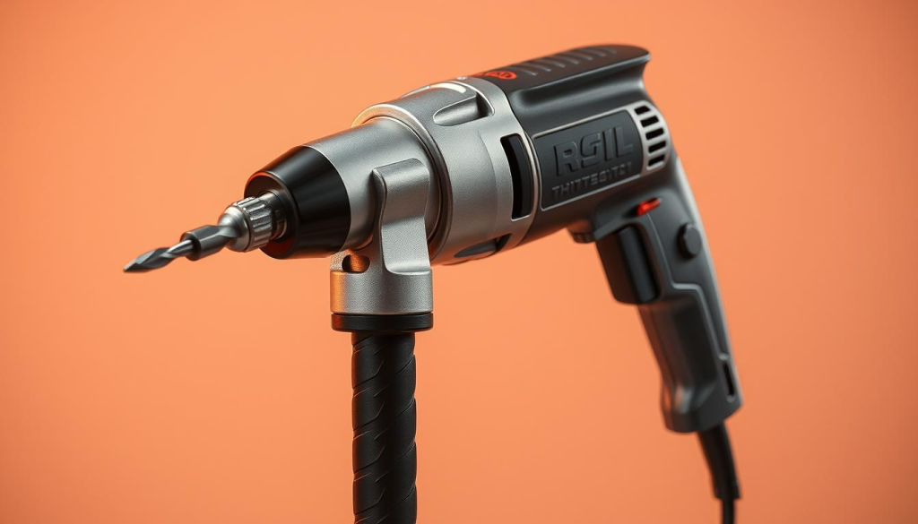 A professional-grade right angle drill, its sleek metallic body gleaming under the warm studio lighting. The drill bit protrudes from the angled head, ready to precisely bore into hard-to-reach spaces. The tool's ergonomic grip and balanced weight convey its power and control. In the background, a minimalist backdrop allows the drill to be the sole focus, showcasing its functional design and engineering excellence. The scene exudes a sense of professional capability, highlighting the drill's potential to tackle demanding drilling tasks with ease and precision.