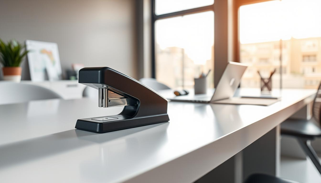 A professional-grade stapler resting on a sleek, modern desk. The stapler is made of high-quality metal with a matte black finish, its surfaces smoothly polished. Positioned in the foreground, it casts a subtle shadow across the desk's clean, minimalist surface. The middle ground features a neatly organized workspace, with a laptop, a pen holder, and other office supplies complementing the stapler's utilitarian design. In the background, a large window floods the scene with warm, natural light, creating a calm and productive atmosphere.