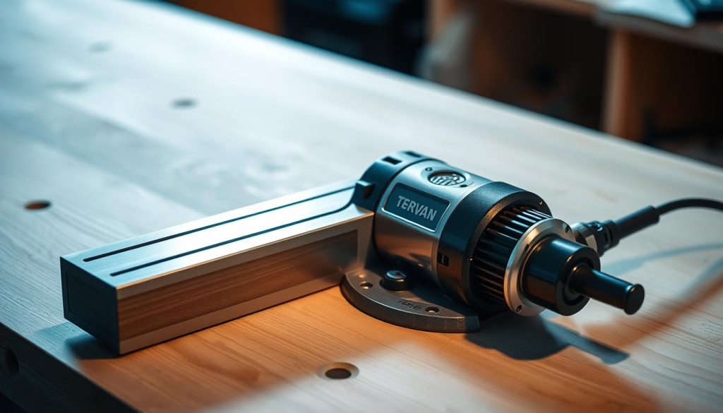 A professional-grade trim router with a sleek, metallic body resting on a clean, well-lit workbench. The router's precision-milled components and powerful motor are visible, conveying its quality and performance. Diffused lighting casts subtle shadows, accentuating the router's intricate design details. The scene is captured from a slightly elevated angle, giving a sense of the tool's ergonomic form and handling. The overall mood is one of craftsmanship, reliability, and the promise of exceptional woodworking results.