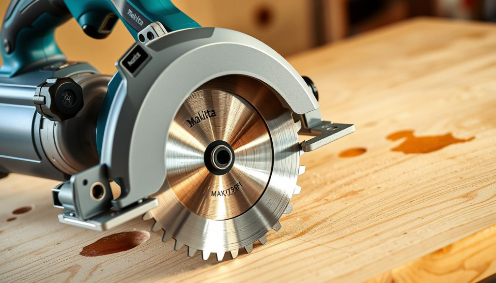 A professional, high-quality Makita 5007F circular saw with a sharp, precision-ground blade, resting on a clean, wooden workbench. Soft, natural lighting illuminates the saw's sleek, gray body and metal components, highlighting its robust construction and attention to detail. The blade glints with a keen, surgical edge, conveying the saw's power and accuracy. The overall composition emphasizes the saw's role as a reliable, essential tool for meticulous woodworking, with a sense of focus, craftsmanship, and attention to detail.