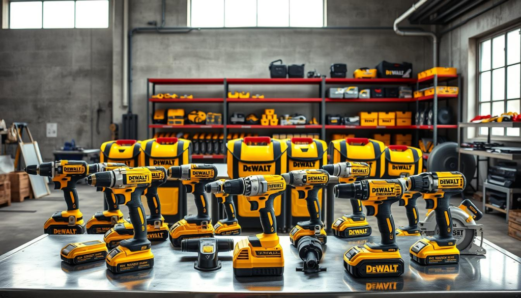 A professional, high-quality image of DEWALT power tools evaluation, set against a modern, industrial background. In the foreground, an array of DEWALT cordless drills, impact wrenches, and circular saws arranged neatly on a steel workbench, their sleek, yellow-and-black housings gleaming under bright, directional lighting. In the middle ground, rows of shelves stocked with various DEWALT tool accessories and storage solutions. The background features a minimalist, concrete-and-steel workshop setting, with large windows allowing natural light to flood the scene. The overall mood is one of meticulous evaluation, showcasing the durability, versatility, and market appeal of the DEWALT brand.