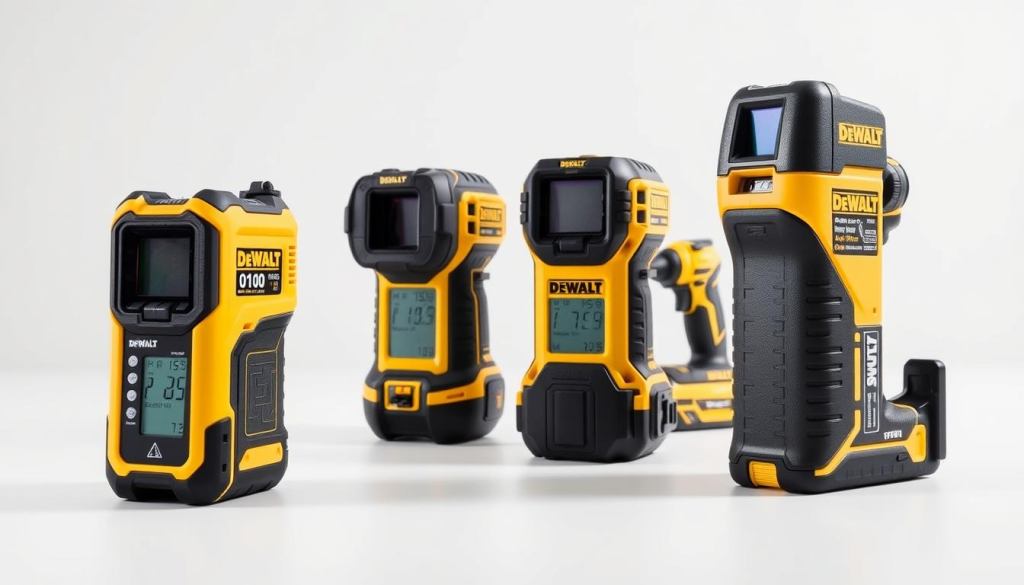 A professional, well-lit comparison of the DEWALT 0100 stud finder against other leading models. The DEWALT 0100 is prominently featured in the foreground, its sleek design and high-visibility LCD display clearly visible. In the middle ground, similar stud finders are arranged for side-by-side comparison, highlighting their differences in size, shape, and functionality. The background showcases a clean, neutral environment, allowing the products to take center stage. The lighting is soft yet directional, accentuating the materials and textures of the tools. The overall mood is one of precision, reliability, and technical prowess - qualities that embody the DEWALT brand and the 0100 model.