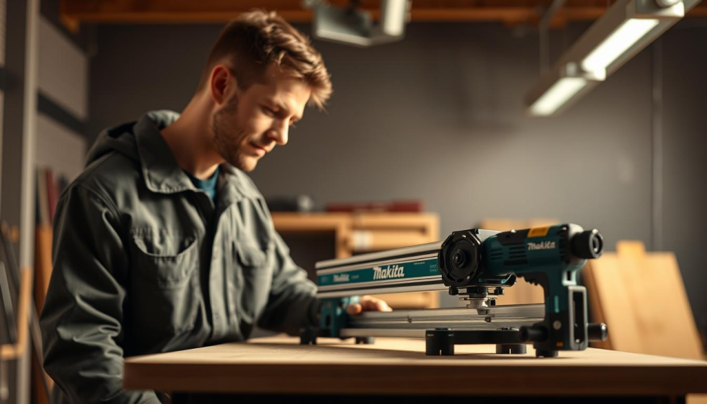 A professional, well-lit studio setting with a Makita guide rail system prominently displayed on a workbench. The user, dressed in a clean, safety-oriented workshop attire, is intently focused on the guide rail, carefully examining its features. The background is slightly blurred, creating a sense of depth and emphasis on the central subject. Subtle warm lighting casts a soft glow, highlighting the precision engineering of the Makita guide rail. The overall mood is one of confidence, expertise, and a genuine appreciation for the tool's capabilities.