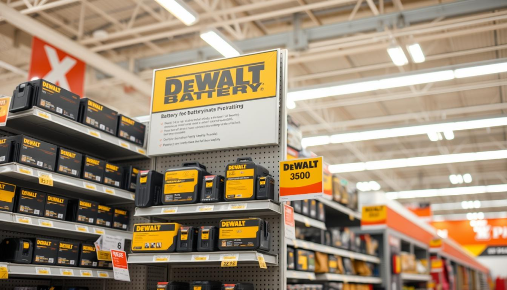 A prominently displayed DEWALT battery display at the front of a Home Depot hardware store, showcasing a variety of battery sizes and models. The shelves are well-stocked and organized, with clear pricing and sale tags highlighting the current deals and discounts. The lighting is bright and evenly distributed, creating a clean, inviting atmosphere. The camera angle captures the display at eye level, emphasizing the products' visibility and accessibility. The background is slightly blurred, focusing the viewer's attention on the featured DEWALT batteries and the promotional messaging.