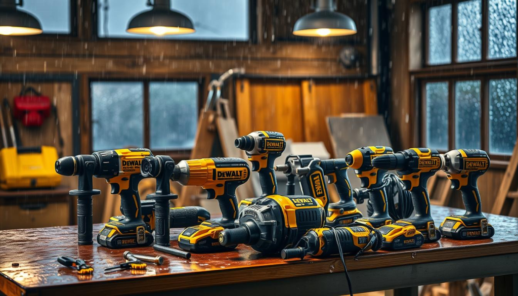 A rain-soaked construction site, with a collection of DEWALT power tools and hand tools neatly arranged on a sturdy workbench. The tools are gleaming, their black and yellow casings protected by a light, water-resistant coating. Soft, diffused lighting from overhead lamps casts a warm glow, highlighting the tools' rugged and reliable appearance. In the background, rain patters against the windows, creating a soothing ambient soundtrack. The scene conveys a sense of practicality and resilience, suggesting that these DEWALT tools are well-equipped to withstand the elements and continue delivering reliable performance, even in challenging weather conditions.