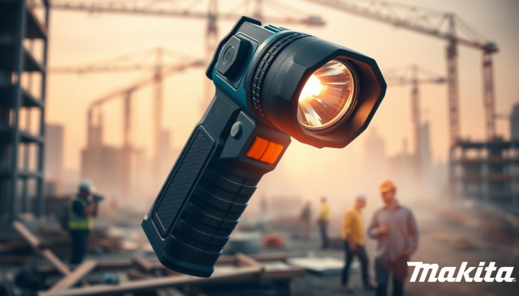 A rugged Makita flashlight illuminates a bustling construction site, casting a warm, focused beam that cuts through the shadows. In the foreground, the flashlight's sturdy, ergonomic design is highlighted, its textured grip and durable casing signaling its suitability for demanding work environments. In the middle ground, construction workers carefully navigate the site, the Makita flashlight guiding their way as they move between tools and materials. The background is a haze of activity, with cranes, scaffolding, and the silhouettes of buildings taking shape, all bathed in the versatile glow of the Makita flashlight, a reliable companion for any construction task.