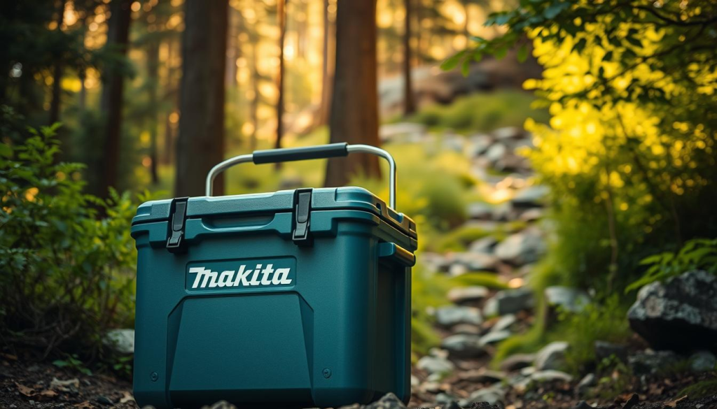 A rugged and durable Makita cooler standing amidst a lush, forested landscape. The cooler's heavy-duty construction is highlighted by its metal handles and sturdy exterior, suggesting it can withstand the rigors of outdoor adventures. Warm, golden sunlight filters through the trees, casting a natural glow on the cooler's surface. In the background, a rocky trail winds through the verdant foliage, hinting at the cooler's versatility and ability to accompany the user on various outdoor excursions. The overall scene conveys a sense of adventure, reliability, and the cooler's ability to keep contents fresh and protected in even the most challenging environments.