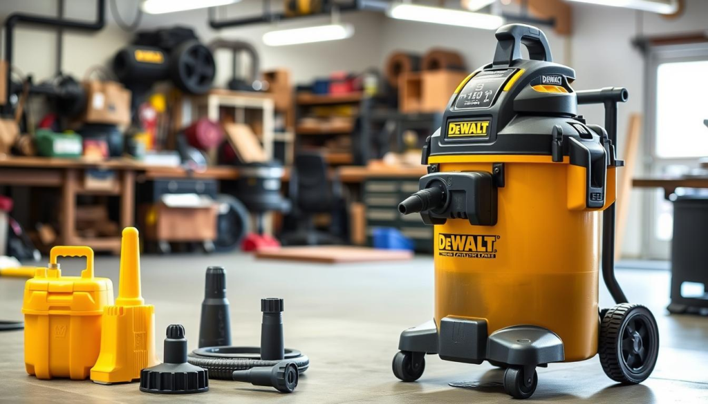 A rugged and reliable DeWalt 5 Gallon Shop Vac, prominently displayed in a well-lit workshop setting. The vac is shown from a 3/4 angle, its powerful motor and sturdy construction clearly visible. The foreground features the shop vac's various attachments and accessories, neatly organized and readily accessible. The middle ground showcases the vac's impressive size and capacity, while the background depicts a cluttered but organized workshop, hinting at the vac's versatility and suitability for heavy-duty cleaning tasks. The overall scene conveys a sense of industrial strength, efficiency, and the vac's ability to handle the demands of a busy workshop.