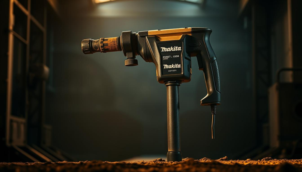 A rugged, high-powered Makita jackhammer standing tall against a dimly lit industrial background. The tool's sturdy body and sharp chisel bit gleam under warm, directional lighting that casts dramatic shadows, conveying its impressive strength and precision. The foreground is sharply in focus, while the mid and background fade into a hazy, gritty atmosphere, emphasizing the jackhammer's central role. The overall mood is one of reliable, heavy-duty power - a tool built to tackle the toughest demolition tasks with ease.
