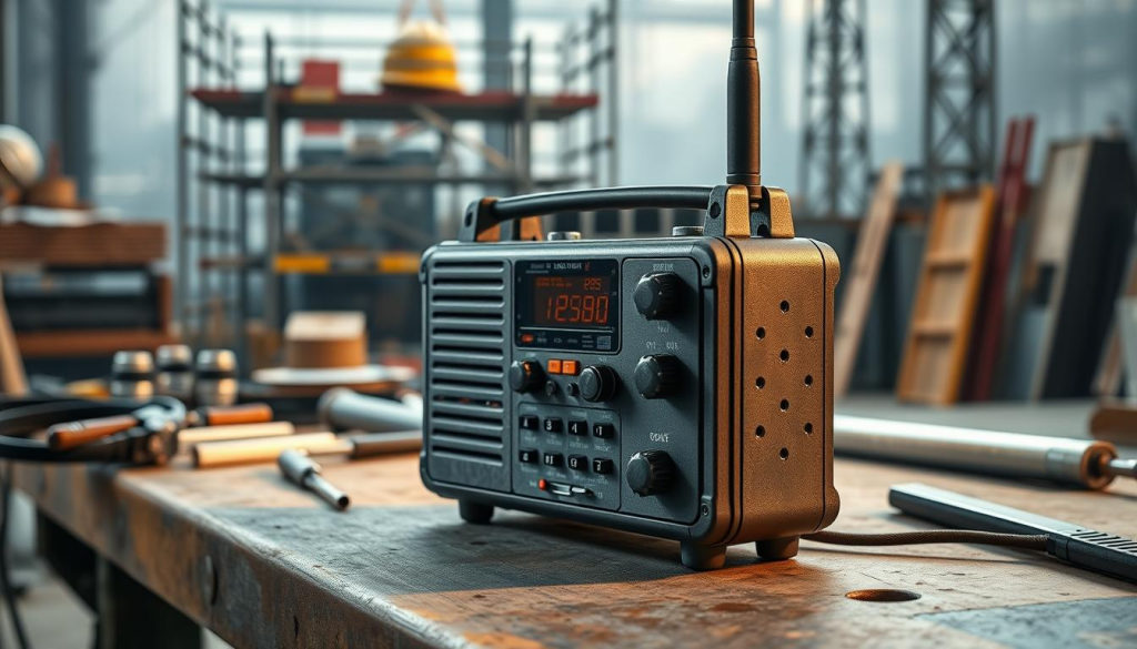 A rugged, industrial-style jobsite radio sits on a sturdy workbench, surrounded by tools and construction materials. The radio has a sleek, weathered metal casing with prominent knobs and buttons, conveying its durability and functionality. Soft, directional lighting illuminates the scene, casting warm shadows and highlights that accentuate the radio's robust design. In the background, a construction site backdrop with scaffolding, safety gear, and a hazy, atmospheric quality suggests the demanding environment where this radio would thrive. The overall mood is one of practicality, resilience, and the reliable performance required for a professional jobsite.