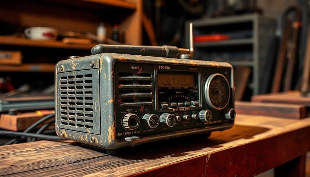 A rugged, weathered radio sits atop a worn, wooden workbench, its exterior casing marred by scratches and dents, a testament to its resilience. The device's face is adorned with large, easy-to-read dials and buttons, designed for practical use in demanding environments. Warm, directional lighting casts dramatic shadows, highlighting the radio's sturdy construction and evoking a sense of durability and reliability. In the background, a dimly lit, industrial-style setting, with hints of metal shelves and tools, further emphasizes the radio's purpose and context within a hardworking, job site setting.