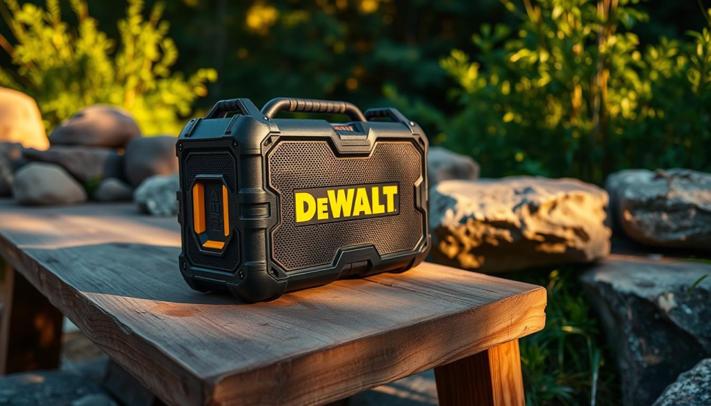 A rugged, weatherproof DEWALT speaker set placed in an outdoor natural setting. The speakers are positioned on a sturdy wooden table, surrounded by lush greenery and rocks. Warm, directional lighting casts subtle shadows, highlighting the speaker's textured black casing and yellow accents. The scene conveys a sense of durability and practicality, ideal for use in an active, outdoor environment. The camera angle is slightly elevated, capturing the speakers in a natural, real-world context that showcases their suitability for various rugged, outdoor applications.