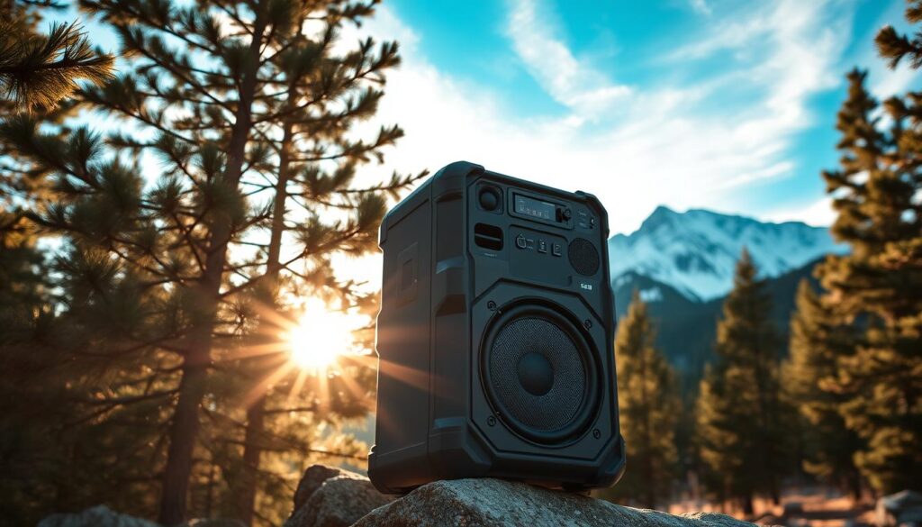 A rugged, weatherproof outdoor speaker standing amidst a picturesque mountain landscape. The speaker is built with a durable, rubberized casing and features prominent speaker grilles and control buttons. Warm sunlight filters through the pine trees, casting dramatic shadows across the scene. In the background, snow-capped peaks rise up against a brilliant blue sky with wispy clouds. The overall mood is adventurous and outdoorsy, evoking a sense of exploring nature while enjoying powerful, high-quality audio.