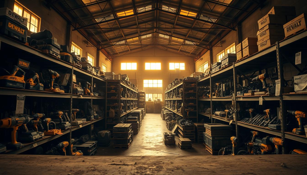 A secondhand DEWALT tool distribution warehouse, dimly lit with warm, natural lighting filtering through dusty windows. Rows of shelves stocked with a variety of used DEWALT power tools, hand tools, and accessories. The scene has a vintage, well-worn aesthetic, with the tools arranged in an organized yet slightly haphazard manner, conveying a sense of character and history. The camera angle is slightly elevated, capturing the depth and scale of the space, with the foreground showcasing individual tools and the background revealing the expansive warehouse interior. The overall mood is one of quiet, utilitarian functionality, evoking the reliable and durable nature of DEWALT products, even in a secondhand setting.