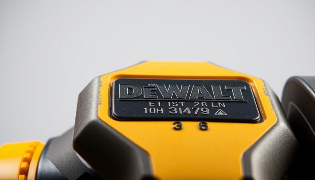 A sharply focused, high-resolution close-up shot of a DeWALT power tool product date stamp, captured in natural daylight and studio lighting. The stamp is displayed prominently in the foreground, with a clean and minimalist background that allows the intricate details of the stamped markings to stand out. The image showcases the clear and legible text, numbers, and symbols that are typically found on DeWALT product date stamps, providing a detailed reference for the article's readers to understand the location and appearance of these important identification markers.
