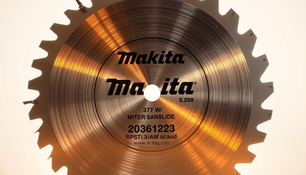 A shiny Makita miter saw blade, its razor-sharp teeth gleaming under warm studio lighting. The blade is centered in the frame, with a clean, uncluttered background that showcases its precision engineering. The blade's diameter and number of teeth are clearly visible, allowing the viewer to appreciate the tool's technical specifications. The image conveys a sense of quality, durability, and the blade's ability to make clean, accurate cuts for DIY projects.
