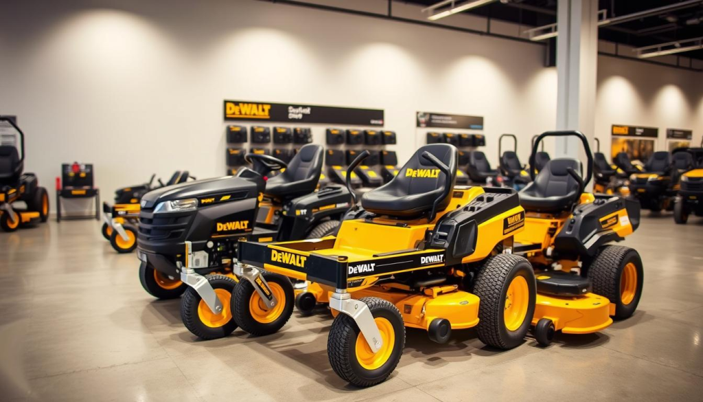A showroom display of the best DEWALT zero turn lawn mower models, captured in a well-lit, high-resolution photographic style. In the foreground, the latest DEWALT zero turn models are arranged in a dynamic, angled composition, showcasing their sleek, modern designs and premium features. The middle ground provides a clear view of the mowers' key specifications and capabilities, while the background features a crisp, clean environment that allows the products to take center stage. The lighting is balanced, with soft, directional illumination that accentuates the mowers' sharp lines and vibrant colors. The overall mood is professional, informative, and highlights the quality and versatility of DEWALT's zero turn lawn mower lineup.