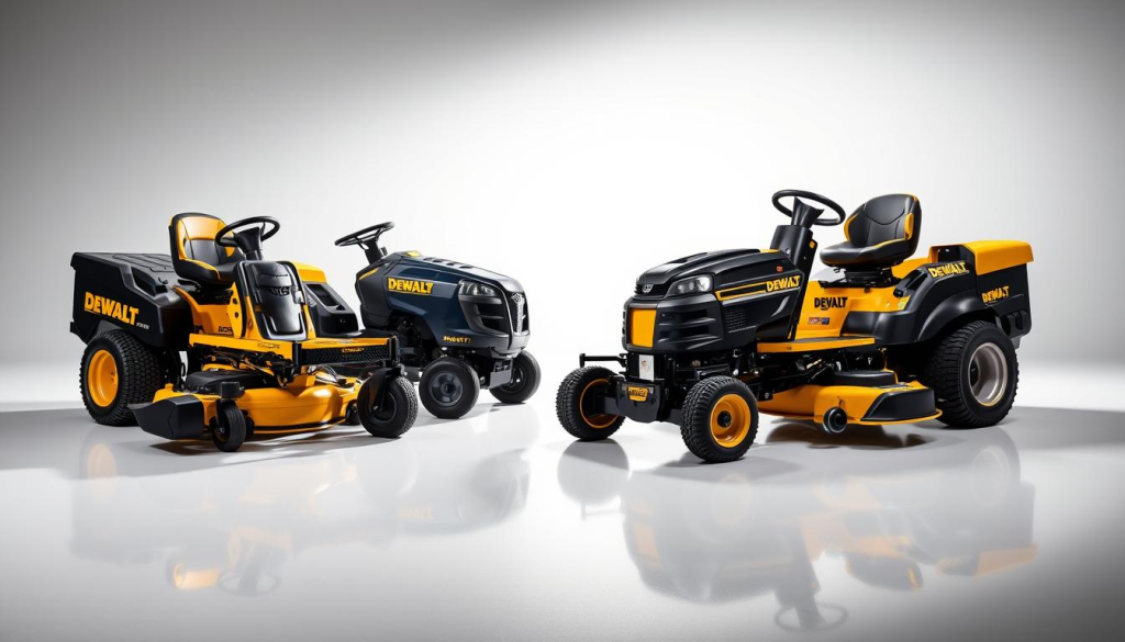 A side-by-side comparison of DEWALT lawn mowers against their key competitors, showcased in a well-lit, professional studio setting. The mowers are displayed on a clean, reflective surface, allowing their intricate details and design elements to be prominently featured. The image captures the machines from an angled, three-quarter view, highlighting their distinct silhouettes and striking color palettes. The lighting is softly diffused, creating subtle shadows and highlights that accentuate the premium quality and craftsmanship of the DEWALT brand. The overall atmosphere is one of precision, innovation, and a subtle sense of competition, effectively conveying the essence of the "Comparisons with Competitors" section.